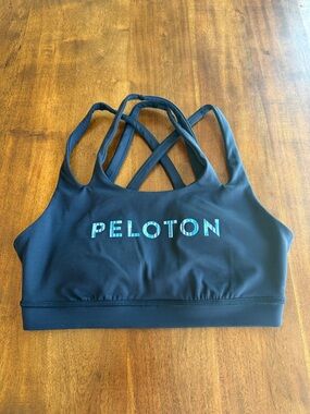 Peloton Black Strappy Sports Bra with Teal Logo